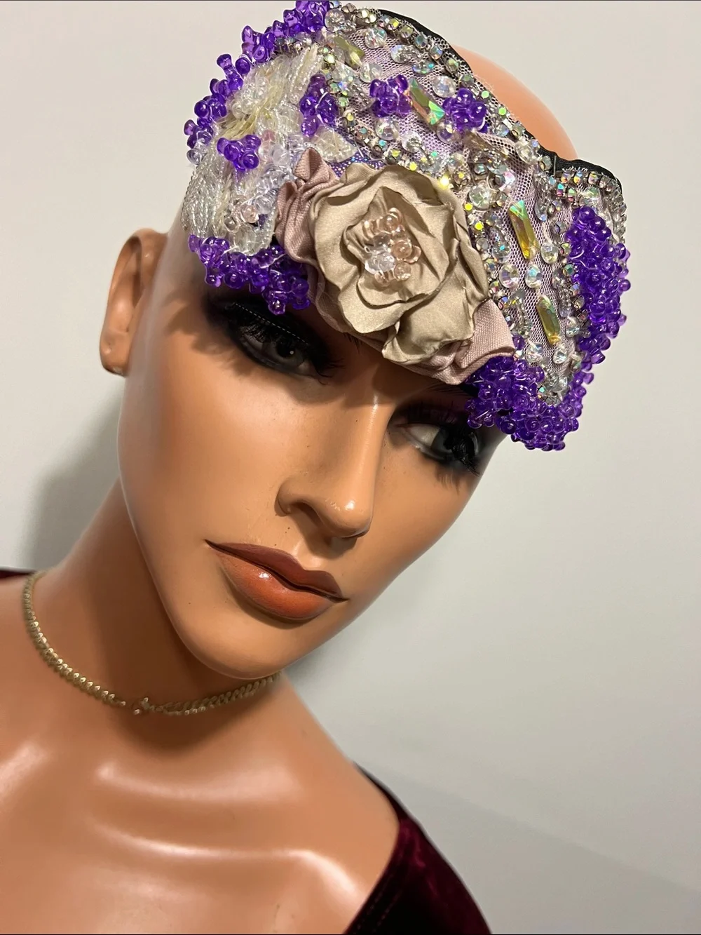 Purple Beaded Decorative Sleep Mask with Champagne Flower Accent